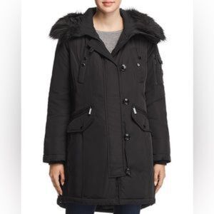 Michael Kors Black Parka Coat Fur Line Hooded Long Sleeve Front Pockets Size XXS